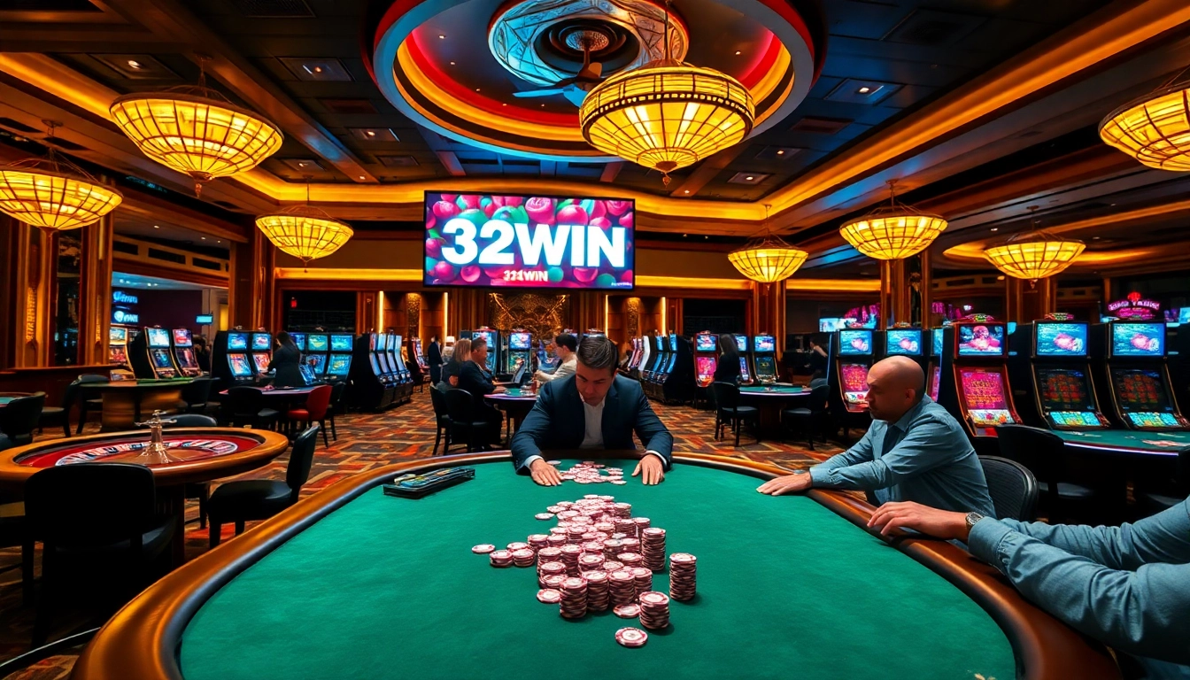 Players enjoying excitement at 32WIN casino tables in a luxurious setting.