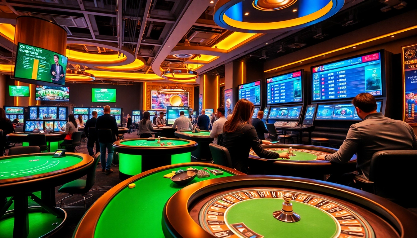 Exciting casino scene showcasing players at ev88win.live with vibrant lights and interactive gaming options.