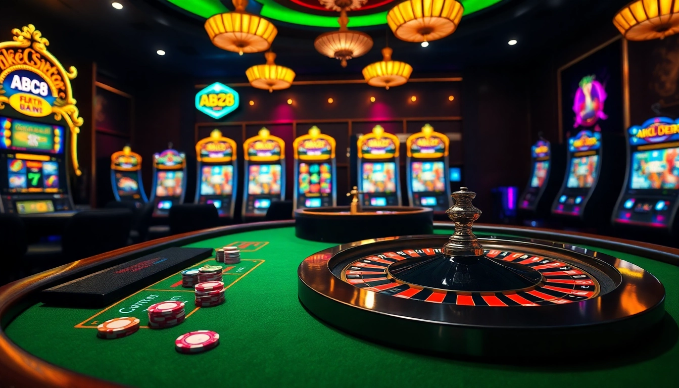 ABC8 casino scene featuring a vibrant blackjack table, poker chips, and roulette wheel.