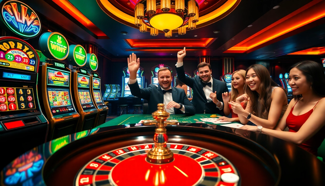 Experience the thrill of luckywin gaming with vibrant casino visuals featuring roulette and slot machines.