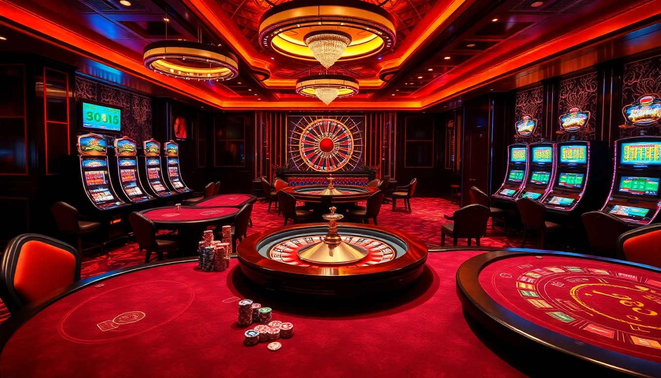 Visual representation of a luxurious casino atmosphere at https://tr88.work/ featuring vibrant gaming tables, slot machines, and players engaged in betting.