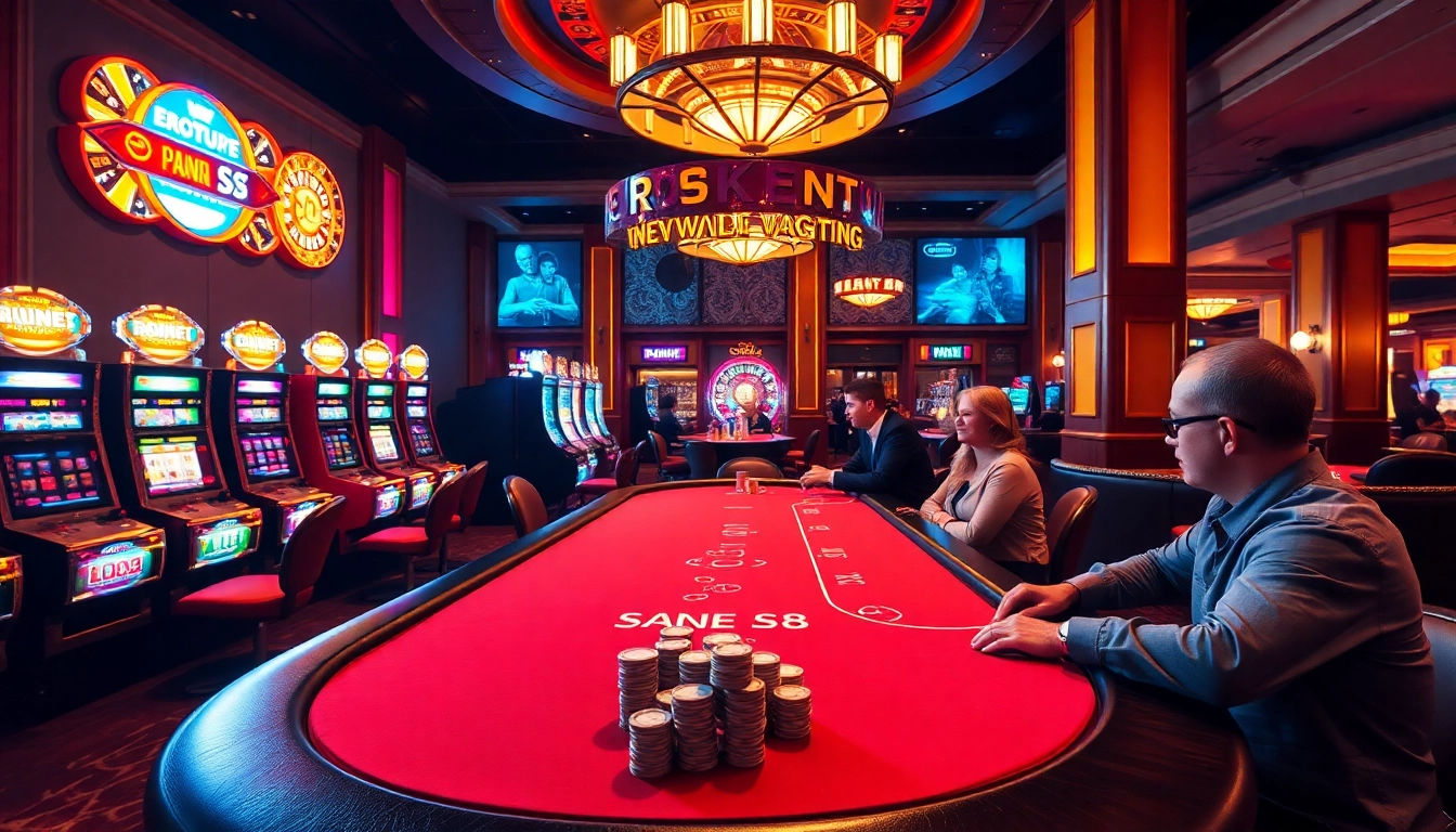 Players enjoying poker at S8, surrounded by vibrant casino aesthetics and thrilling gaming atmosphere.