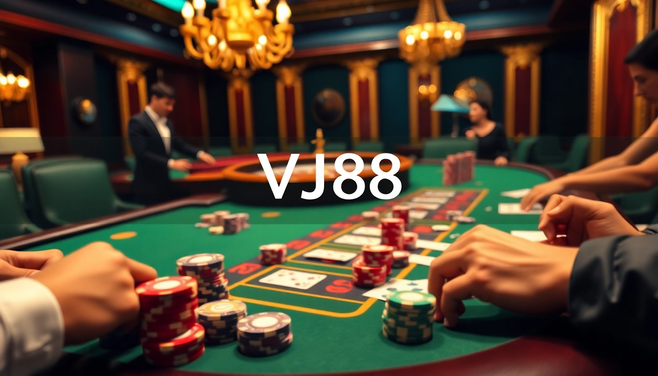 VJ88 casino players engaged in an intense blackjack game, showcasing thrilling bets and colorful chips.