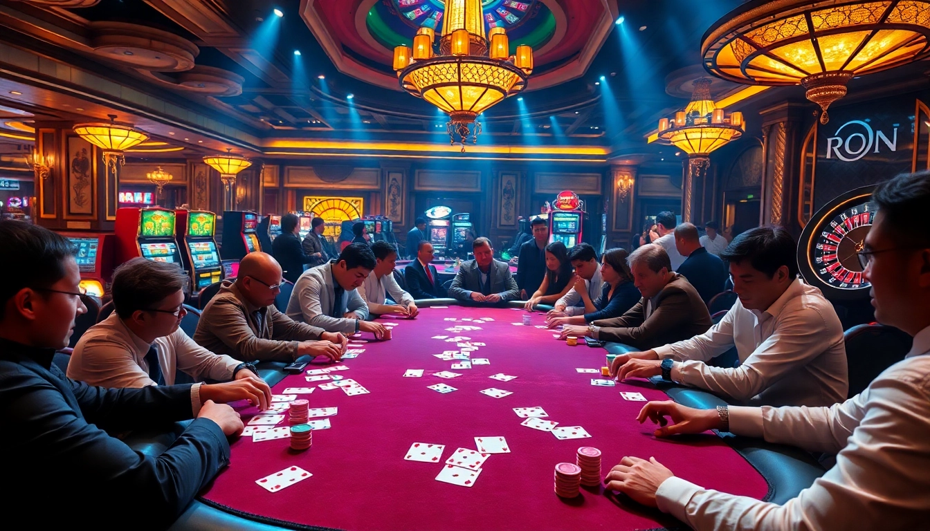 Players immersed in poker at https://rr88.se.net/, surrounded by vibrant chips and luxurious casino decor.