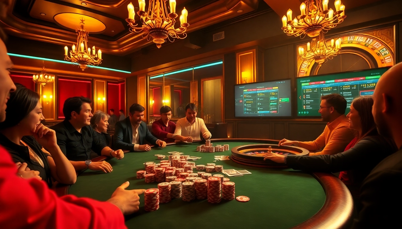 FEBET Casino scene showing poker players and roulette wheel, enhancing gambling excitement.