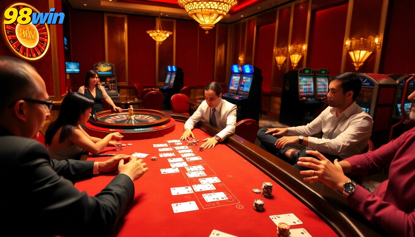 Experience excitement with 98win's vibrant casino scene showcasing blackjack and roulette games.