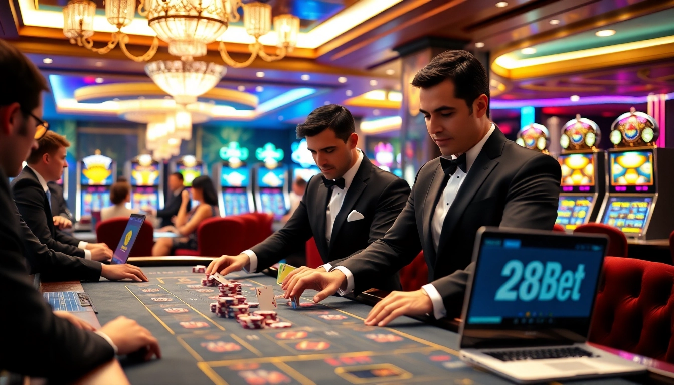 Exciting gaming atmosphere at 28bet casino with players at a vibrant table and slot machines.