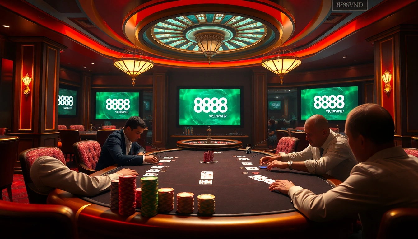 Engage in a high-stakes poker game at 888VND casino with vibrant chips and illuminated cards.