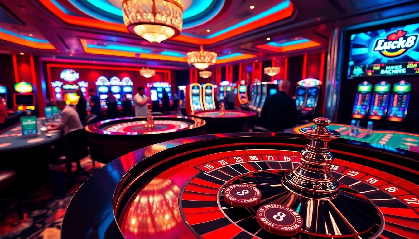 Luck8 casino gamers engaging at a roulette table in a vibrant, professional setting.