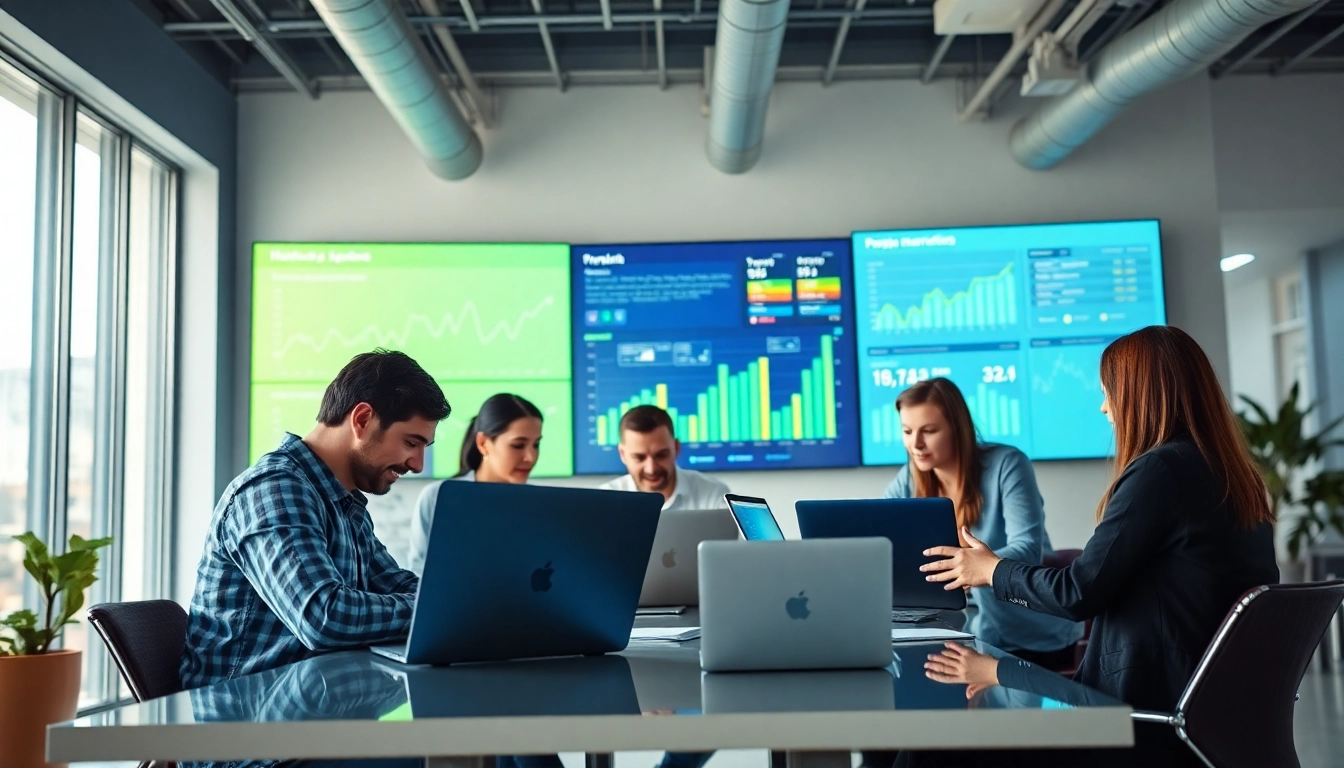 Dynamic digital marketing agency team collaborating with innovative tech tools.