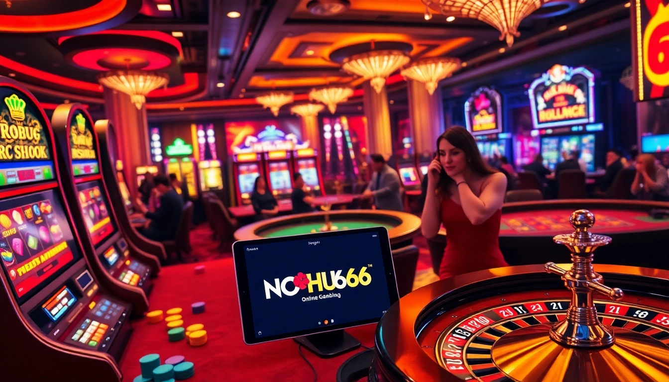 Engaging players enjoying thrilling games at NOHU666 online casino, featuring vibrant slot machines and table action.