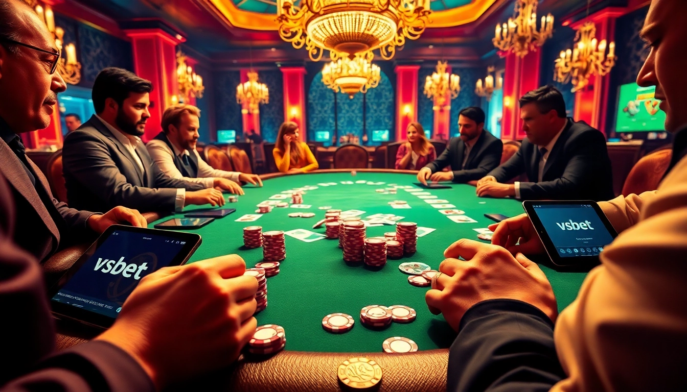 Players engage in a high-stakes poker game at vsbet, showcasing luxury gaming elements.