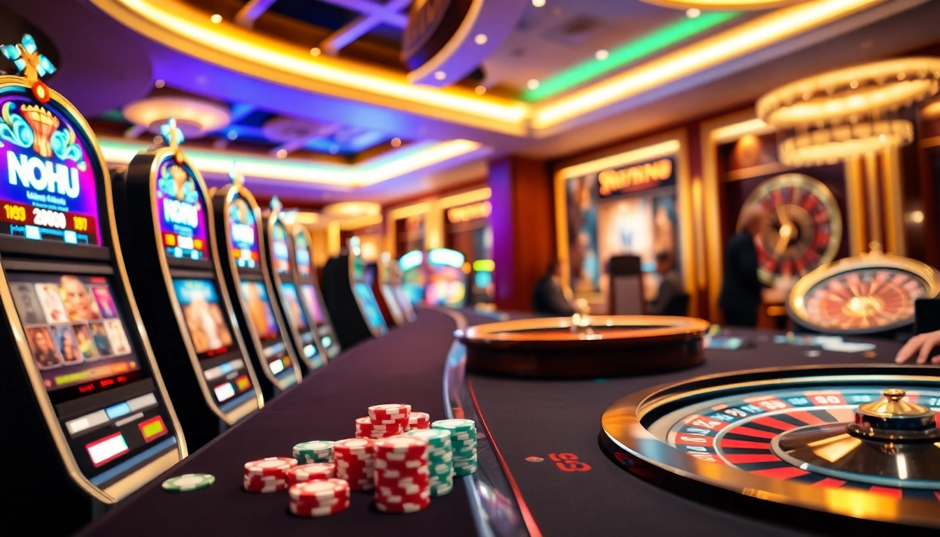 Nohu gaming table with vibrant slot machines and colorful poker chips, showcasing excitement in gambling.