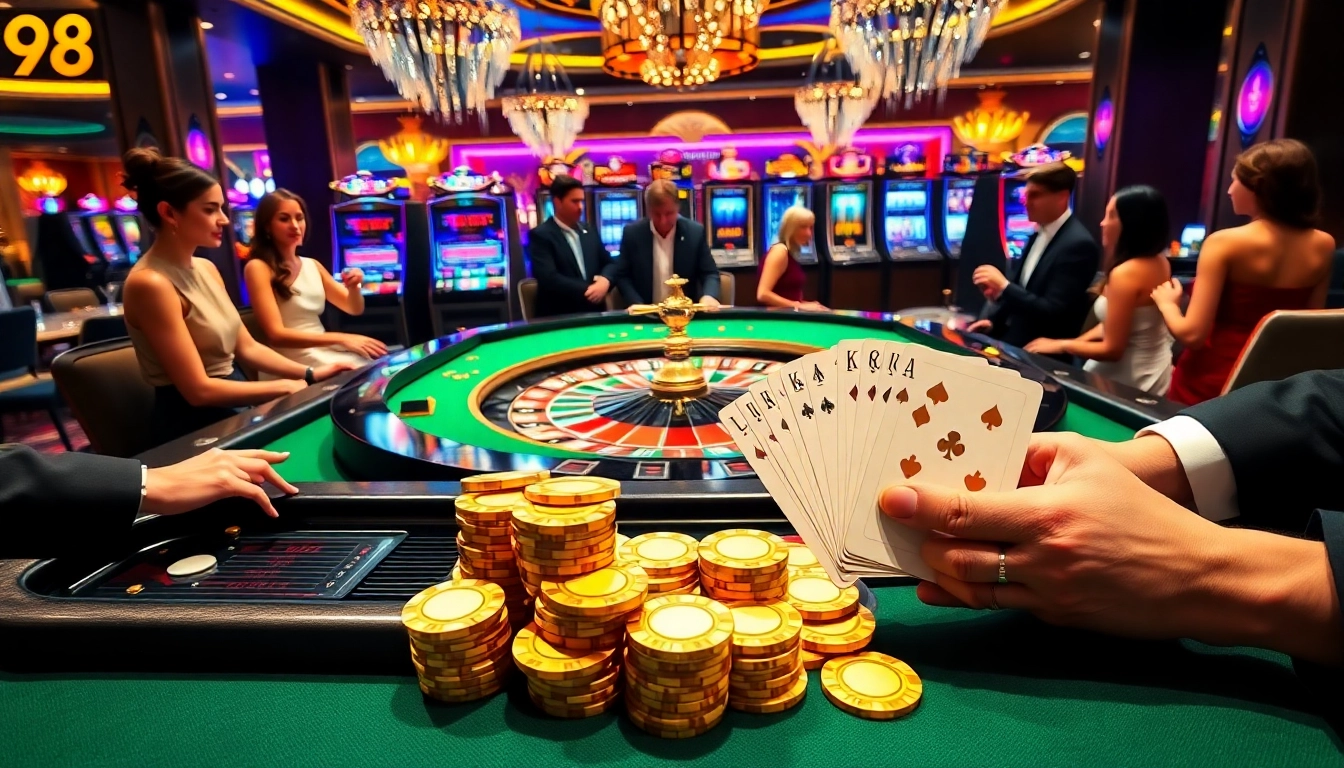 High-stakes players enjoying a thrilling game at the 98win casino with colorful roulette and cards.