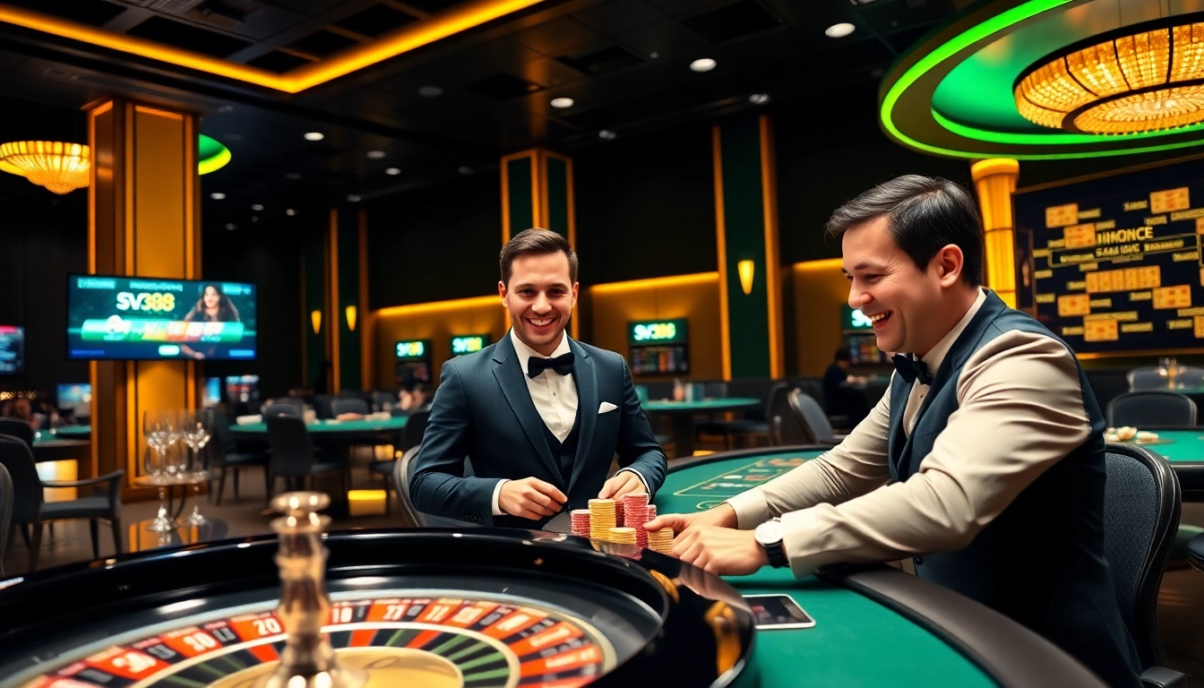 Exciting betting action at SV388 with a dealer and poker chips on a vibrant casino table.