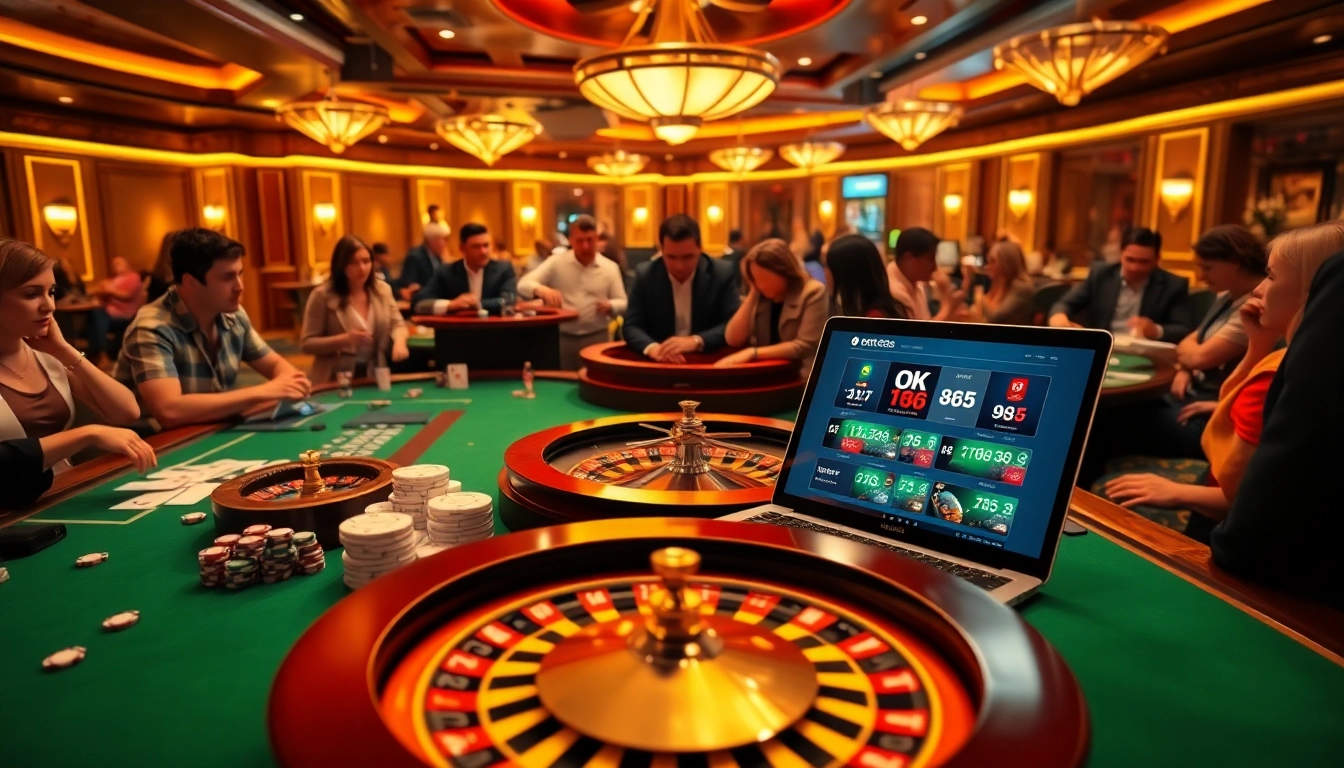 Gambling enthusiasts enjoying games at the elegant OK365 online casino.