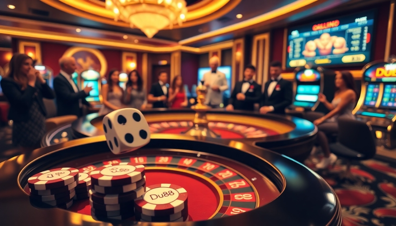 Engage with Du88 at a vibrant casino table featuring poker chips and dice surrounded by excitement.