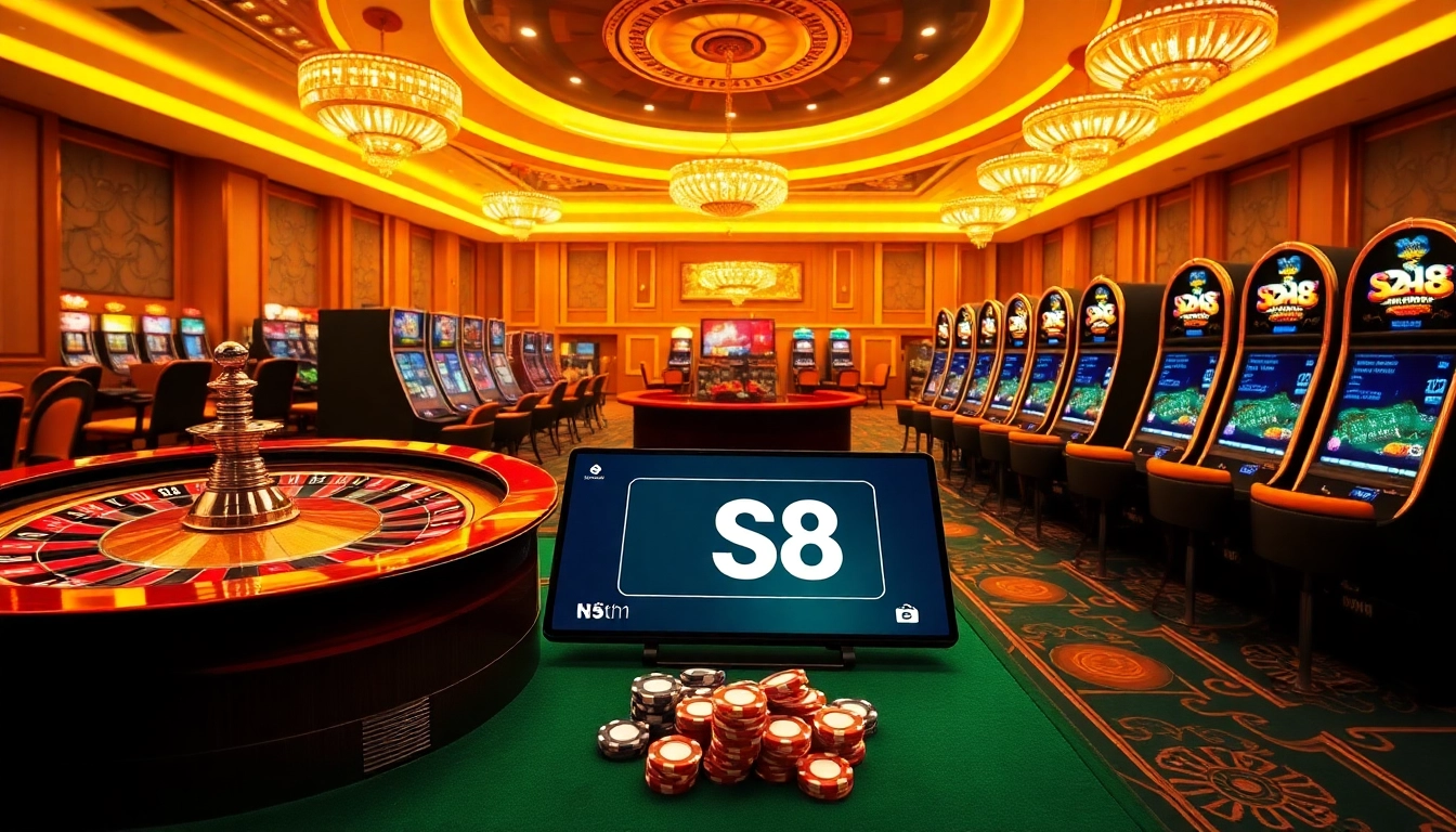 Experience online gaming excitement with nhà cái S8 featuring roulette, slots, and poker chips.