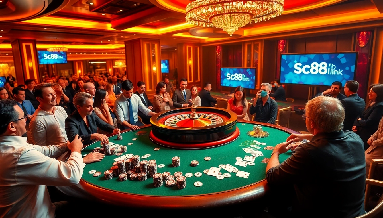 Experience the excitement of SC88 link through a vibrant casino scene featuring gaming tables, cards, and players.