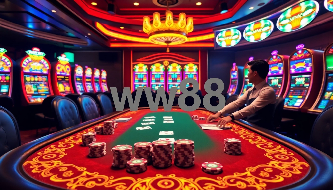 Experience the thrill of gaming at ww88 with vibrant slot machines and a live poker table.