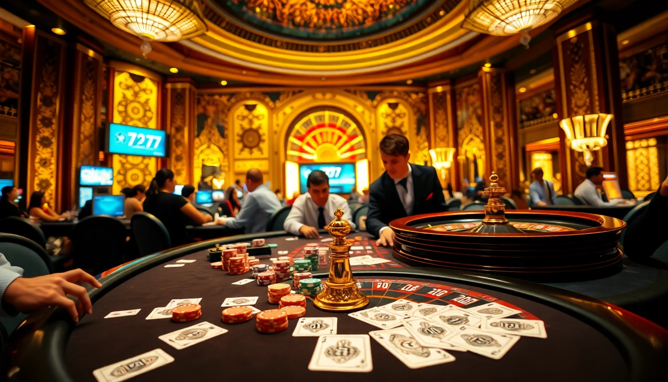 Experience the thrill of 7C77 with vibrant casino action featuring poker chips and a roulette wheel.