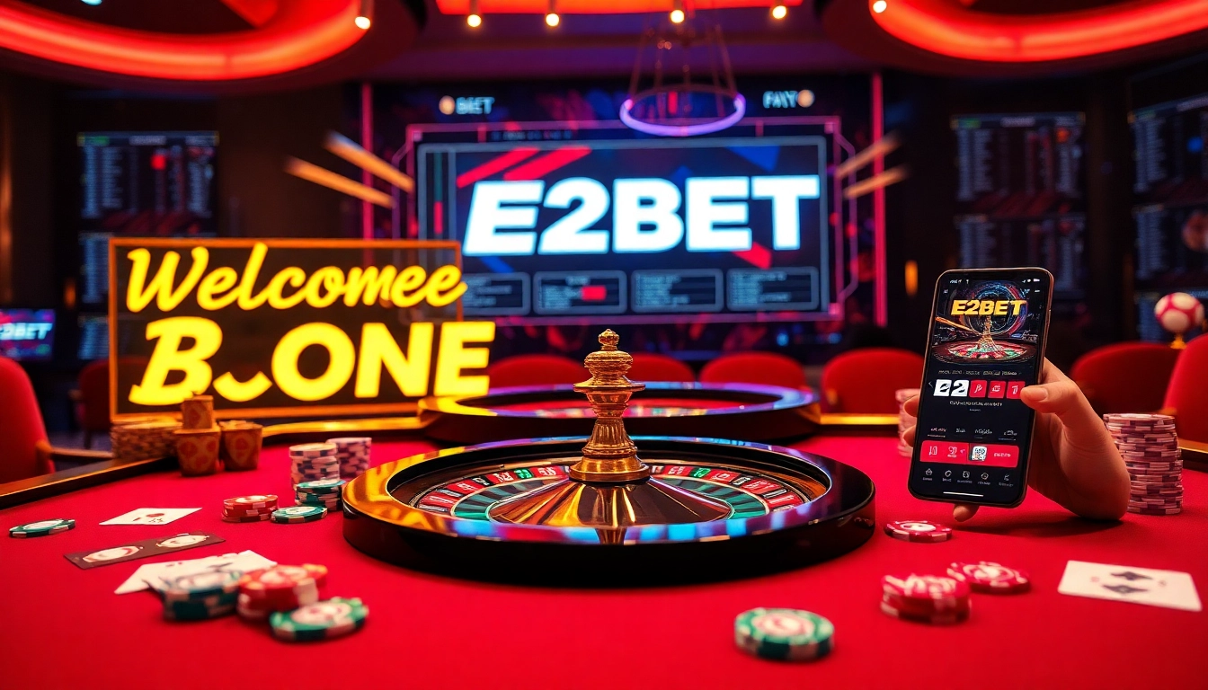 Experience the excitement of E2BET with vibrant casino visuals featuring chips, cards, and a roulette wheel.