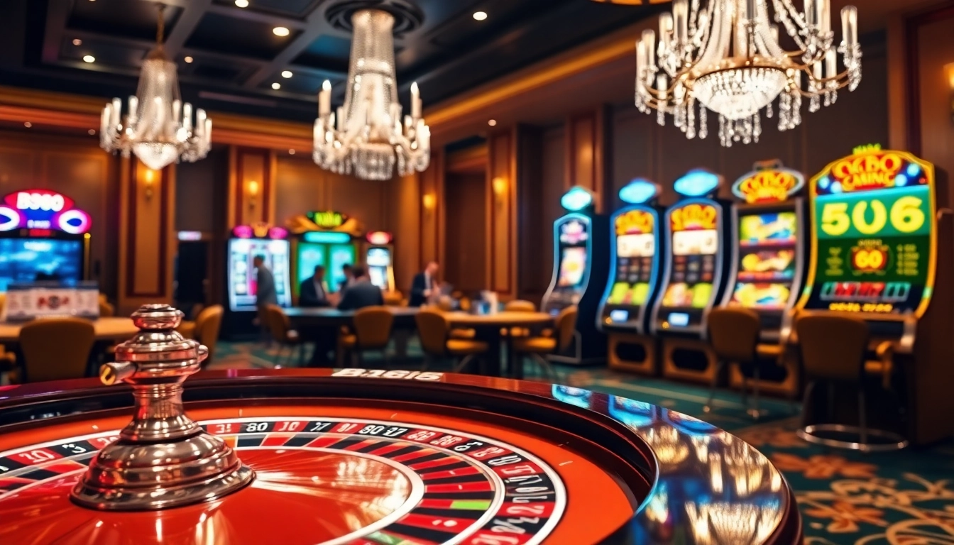 Engage with thrilling casino action at BJ88, featuring a vibrant roulette table and poker game.