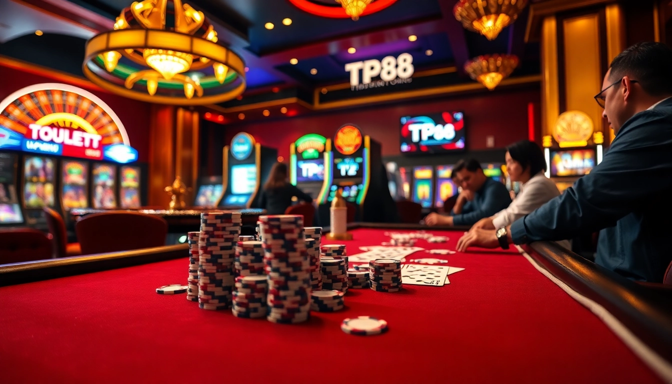 Engaging TP88 casino scene featuring poker chips, cards in play, and a roulette wheel.