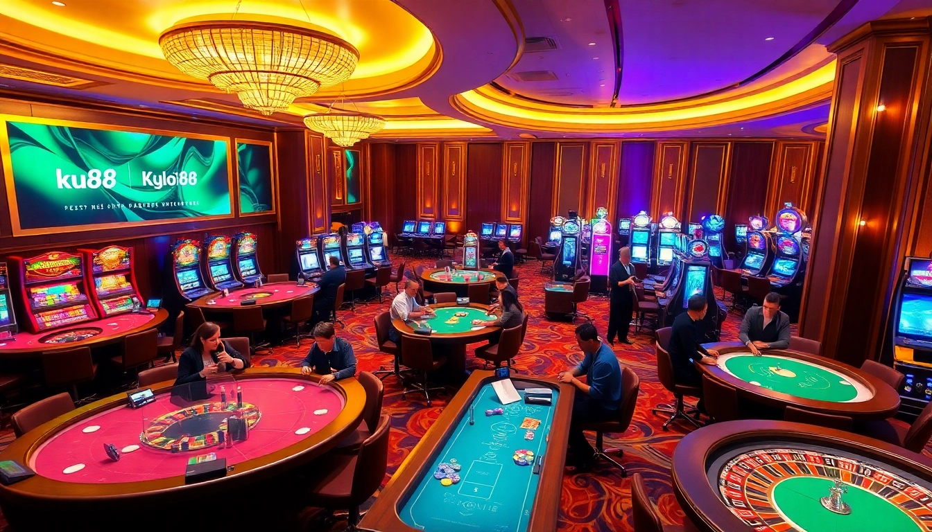 Players enjoy exciting games at ku88 casino, featuring poker tables and vibrant slot machines.