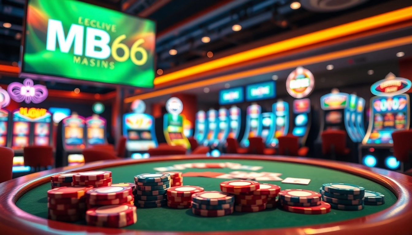 Experience the thrill of MB66 at a vibrant casino with poker games and colorful slot machines.
