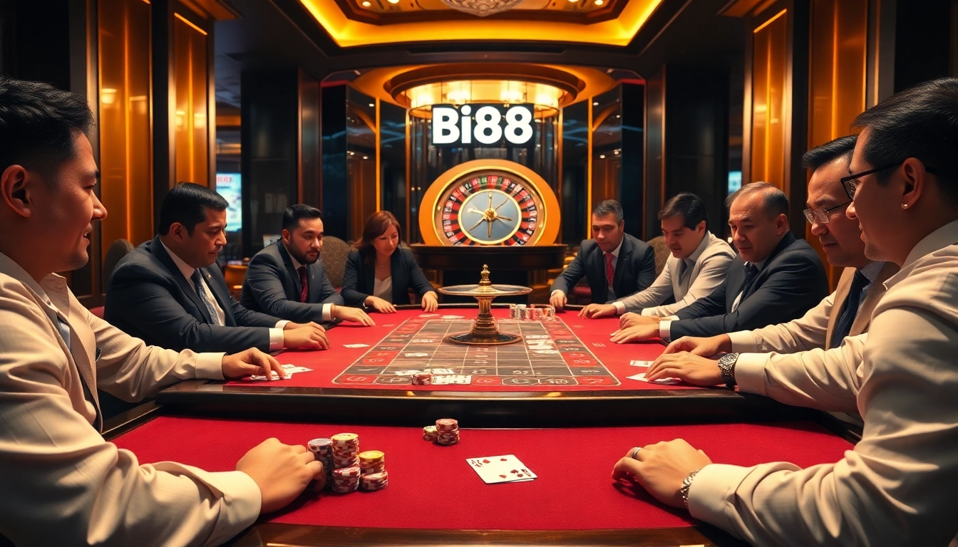 Engaged gamblers having an intense poker game at Bin88 casino table with colorful chips and cards.