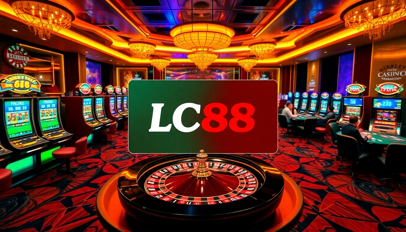 Experience the thrill of LC88 with an engaging scene depicting vibrant casino games and players.