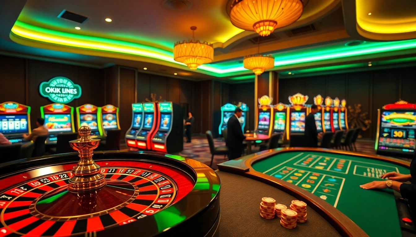 Experience the excitement of logging into OKFUN, featuring a vibrant casino scene with roulette and poker.