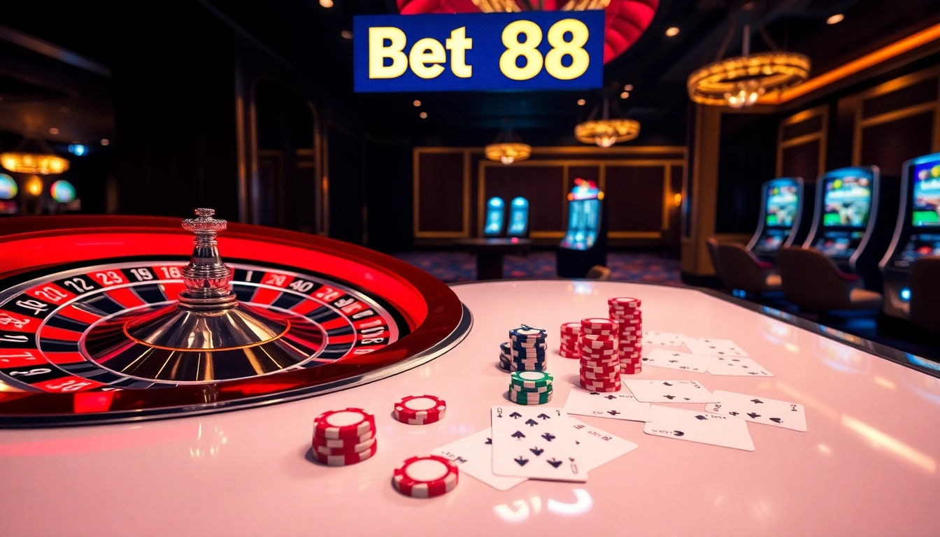 Experience the thrill of bet 88 with vibrant casino elements and engaging gambling visuals.