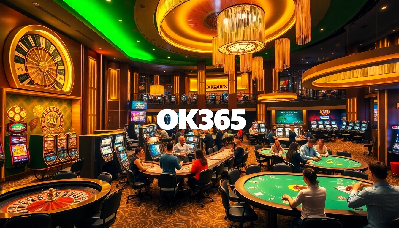 Experience the thrill of OK365 with gamblers enjoying a modern casino atmosphere filled with games and excitement.