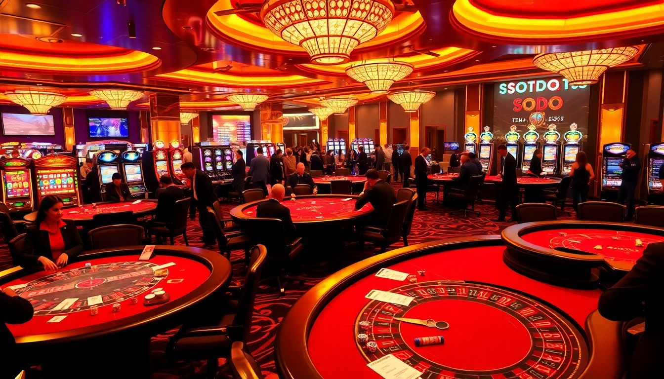 SODO Casino featuring engaged players at blackjack tables and colorful slot machines.