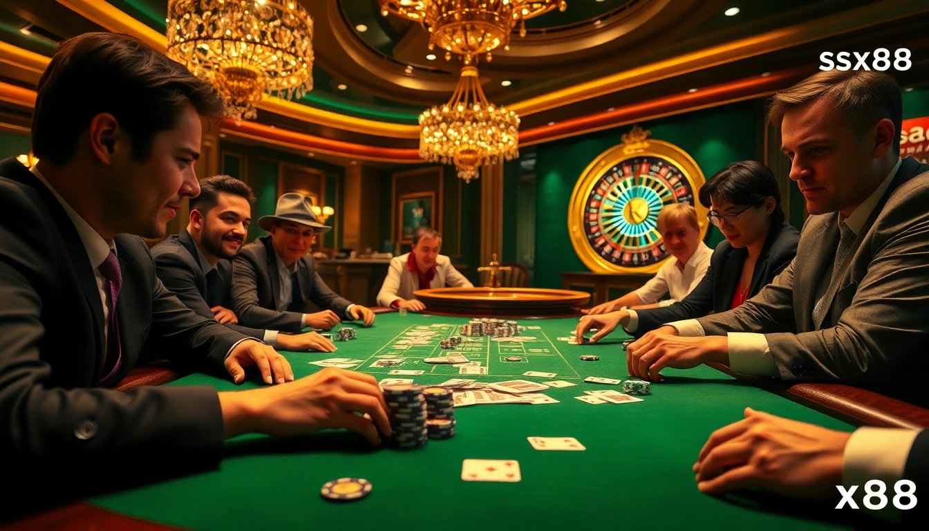 SX88 poker game in a luxurious casino setting with excited players and vibrant colors