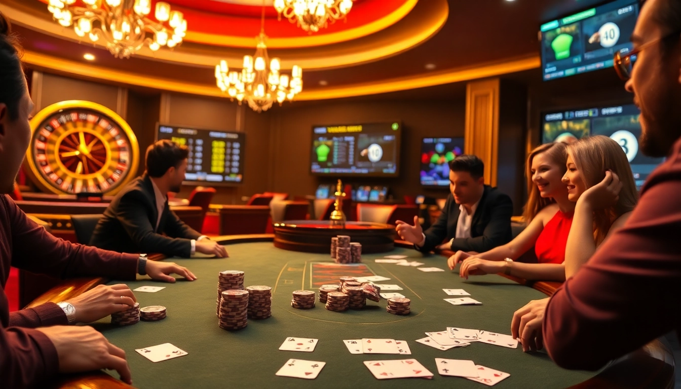 Exciting poker action in a luxurious casino featuring vaoluoitv live sports events streaming.