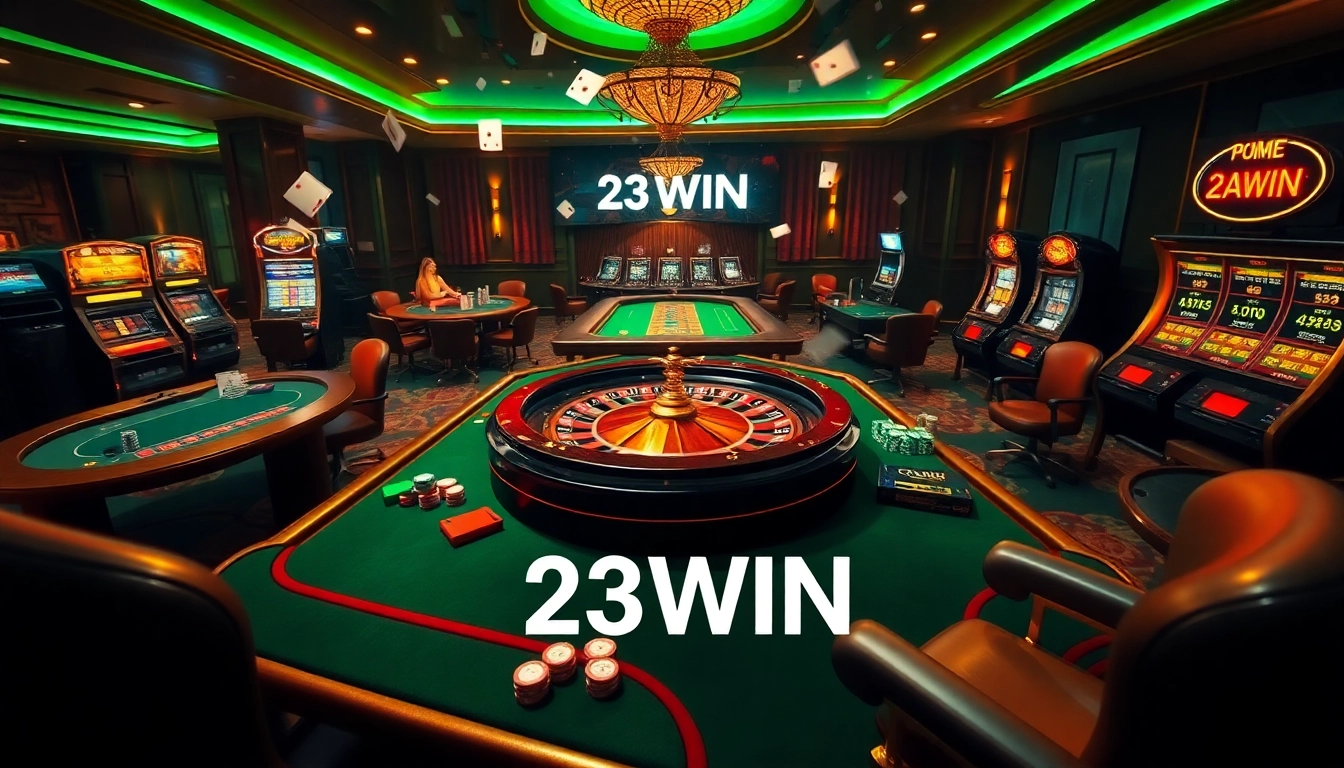 Experience thrilling gameplay at 23WIN with vibrant dice rolls, roulette spins, and poker chips.