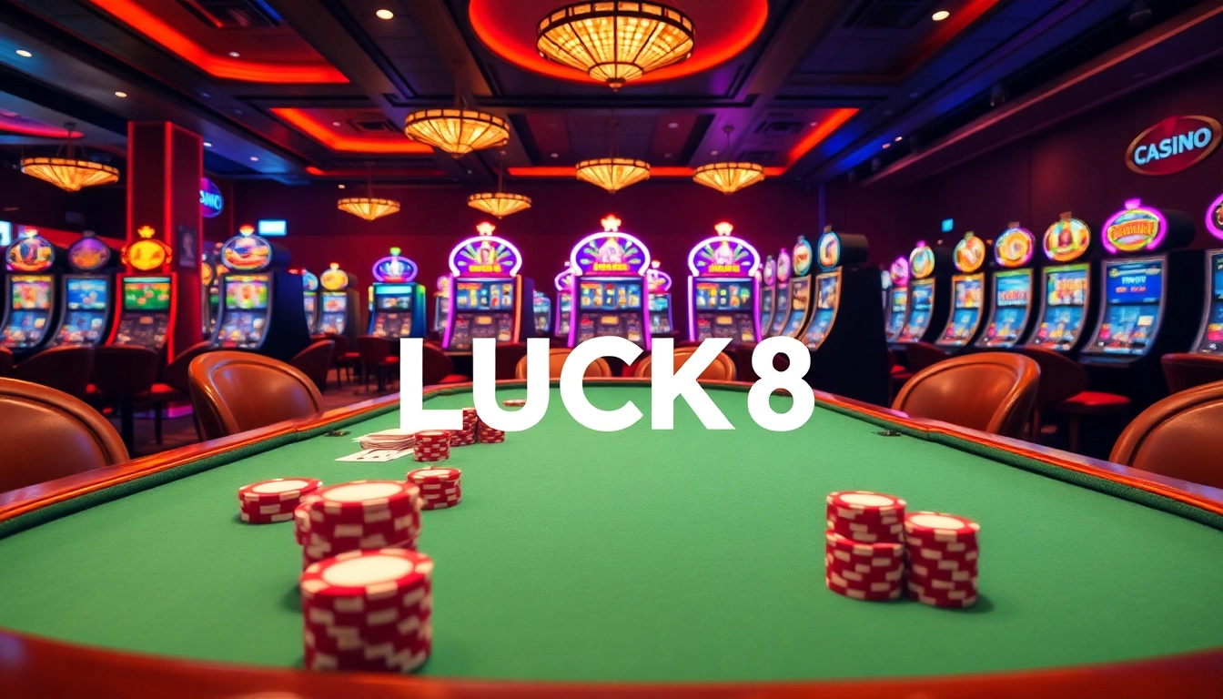 Engage with LUCK8 at a luxurious casino table featuring colorful poker chips and vibrant slot machines.