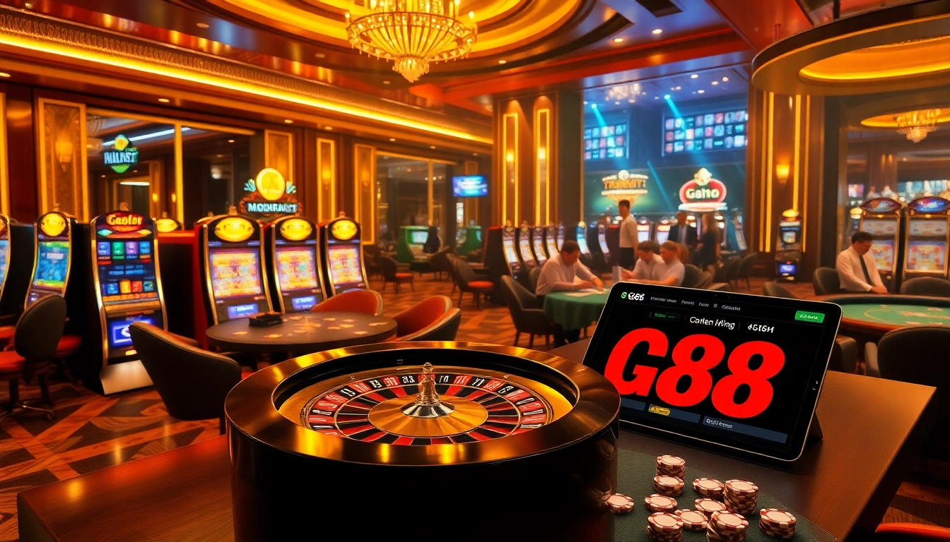 Experience thrilling gameplay at GG88's luxurious casino with roulette, poker, and vibrant slot machines.