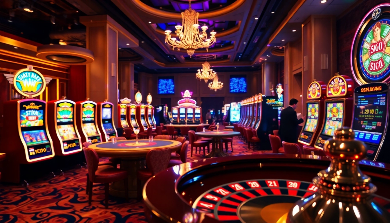 uu88 casino scene showcasing luxurious gaming tables and vibrant slot machines.