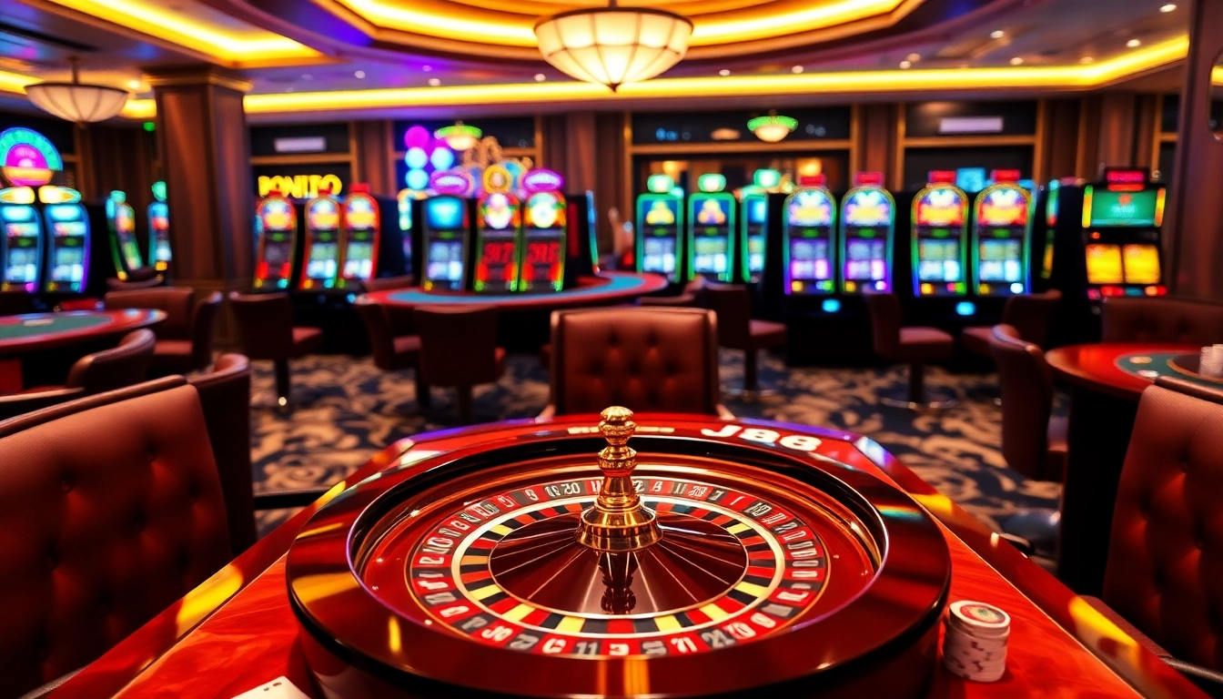 Engaging j88 casino scene with poker chips and roulette wheel under ambient lighting.