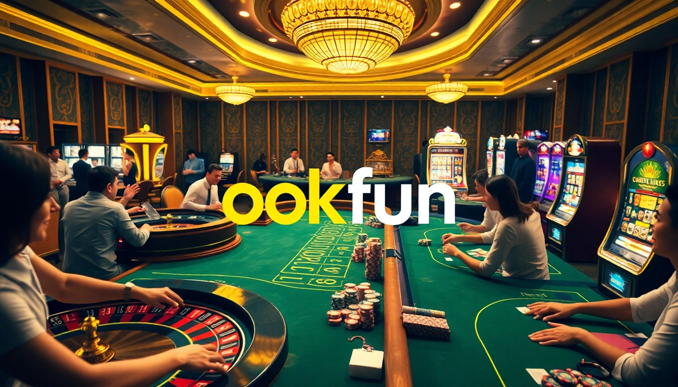 Players enjoying diverse casino games at OKFUN with exciting roulette wheels and bright slot machines.