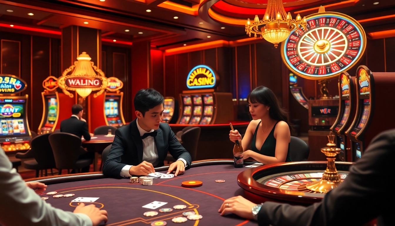 Nhat vip players strategizing during a high-stakes poker game in a glamorous casino.