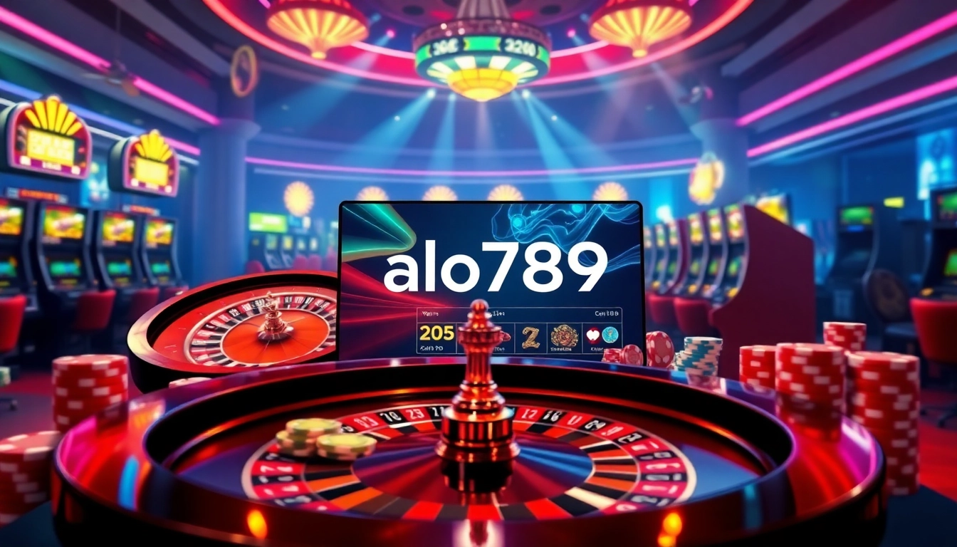 Alo789 online betting scene showcasing vibrant roulette and poker elements for an exciting gambling experience.