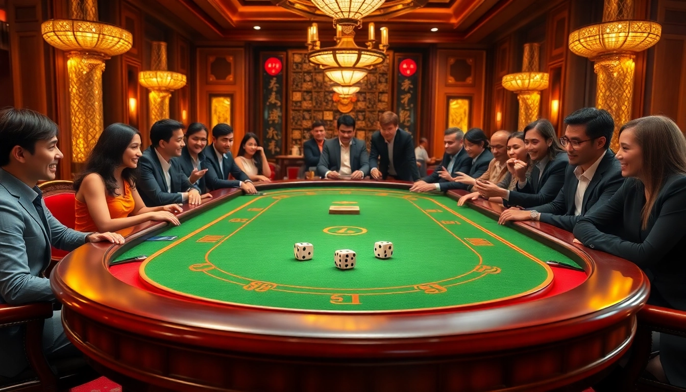 Players enjoying a thrilling game of tài xỉu md5 with rolling dice and an elegant casino setup.