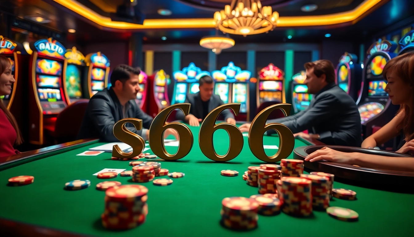 S666 casino players enjoying a vibrant gaming table with colorful poker chips and slot machines.