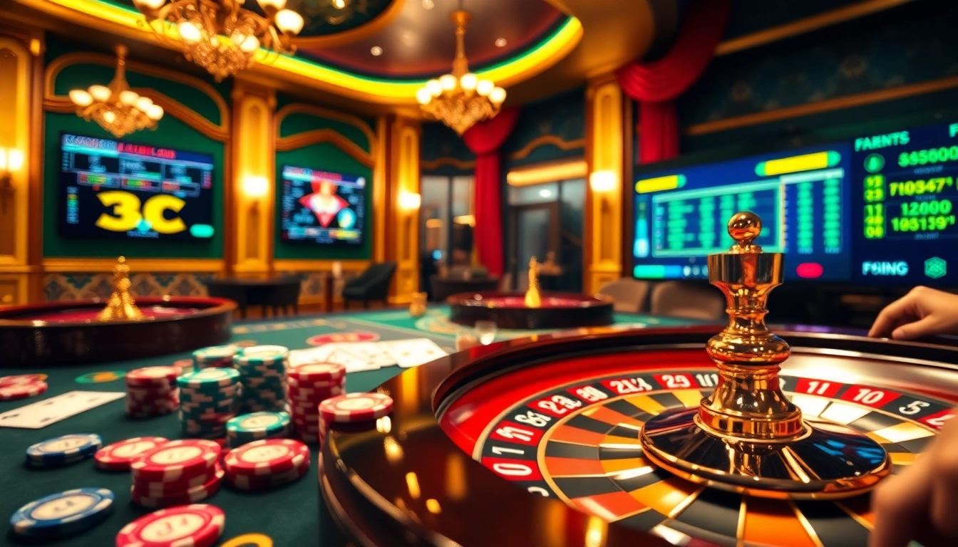 Engage in thrilling casino action at https://69vn.br.com/ with vibrant poker chips and a roulette wheel.