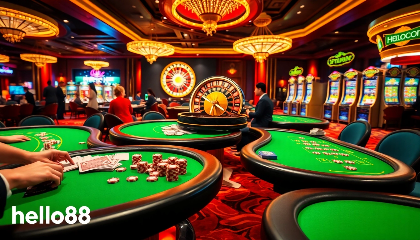 Experience the thrill of hello88 at a luxurious casino with vibrant tables and excited players.